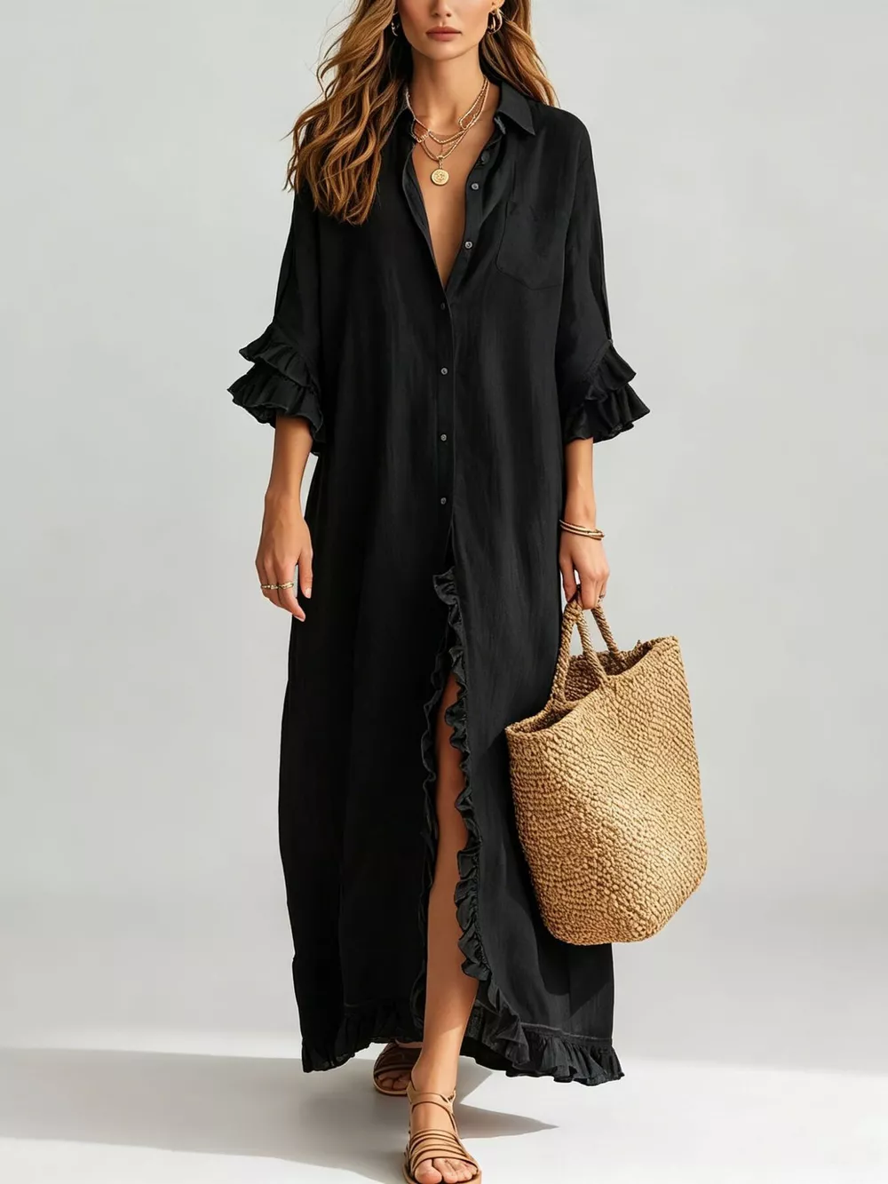 Full Size Ruffled Trim Button-Down Maxi Shirt Dress Plus Size