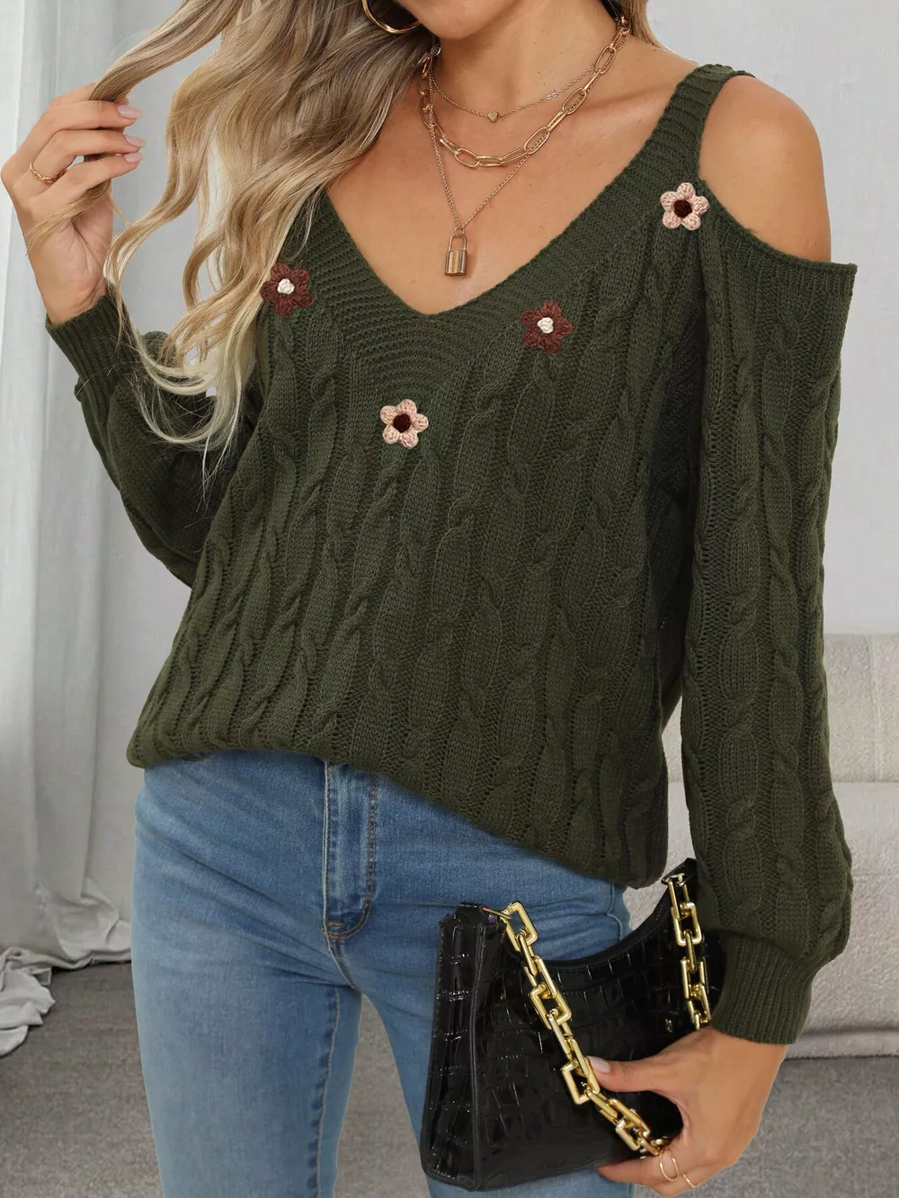 Floral Applique Cold Shoulder Cable Knit Sweater, image 9