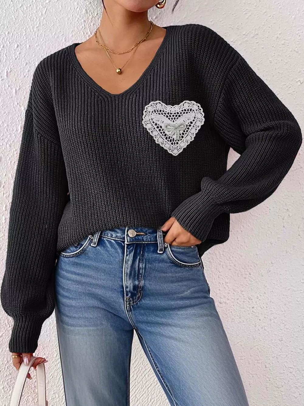 Lace Heart Dropped Shoulder Sweater, image 7