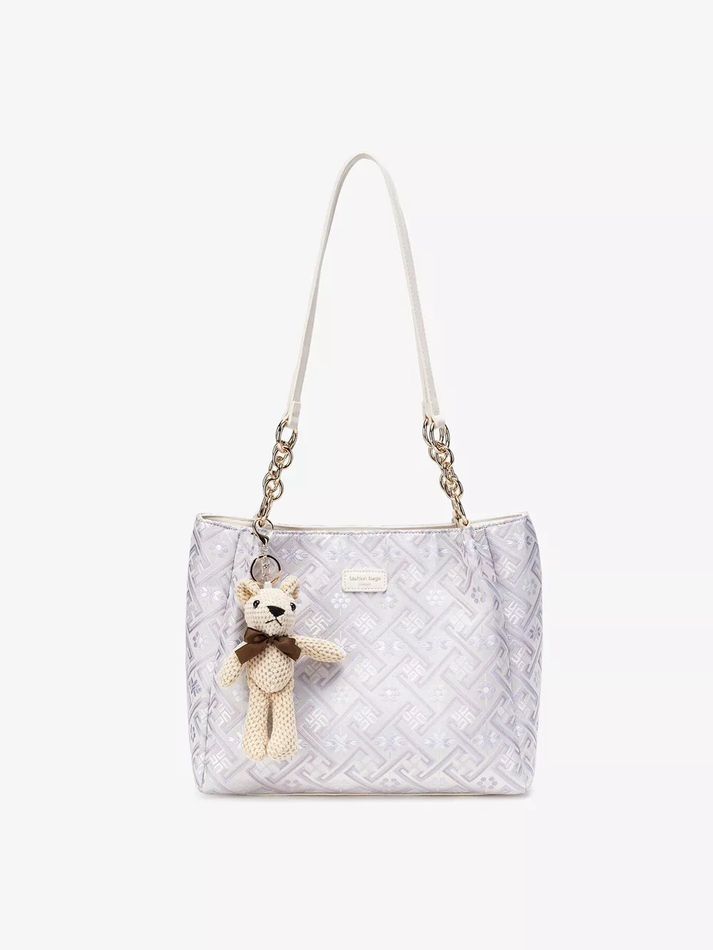 Geometric Pattern Jacquard Shoulder Bag with Detachable Teddy Bear Charm, image 5