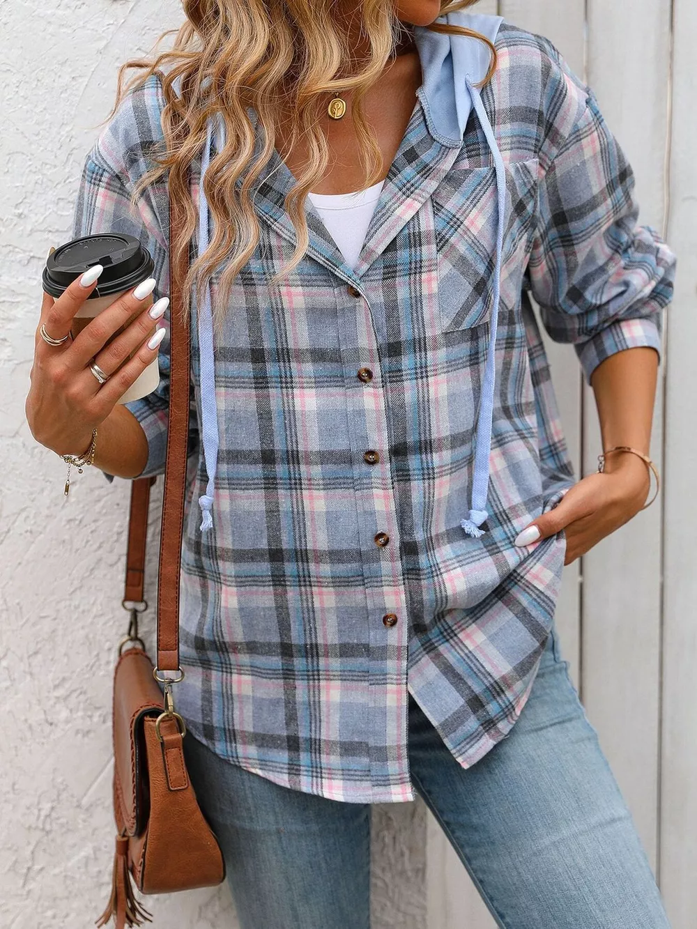 Hooded Plaid Button-Up Shirt, image 7