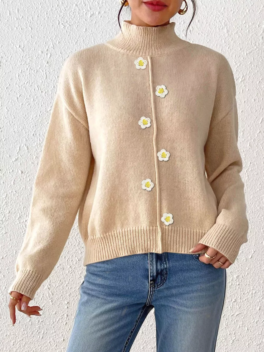 Floral Applique Turtleneck Sweater, image 2