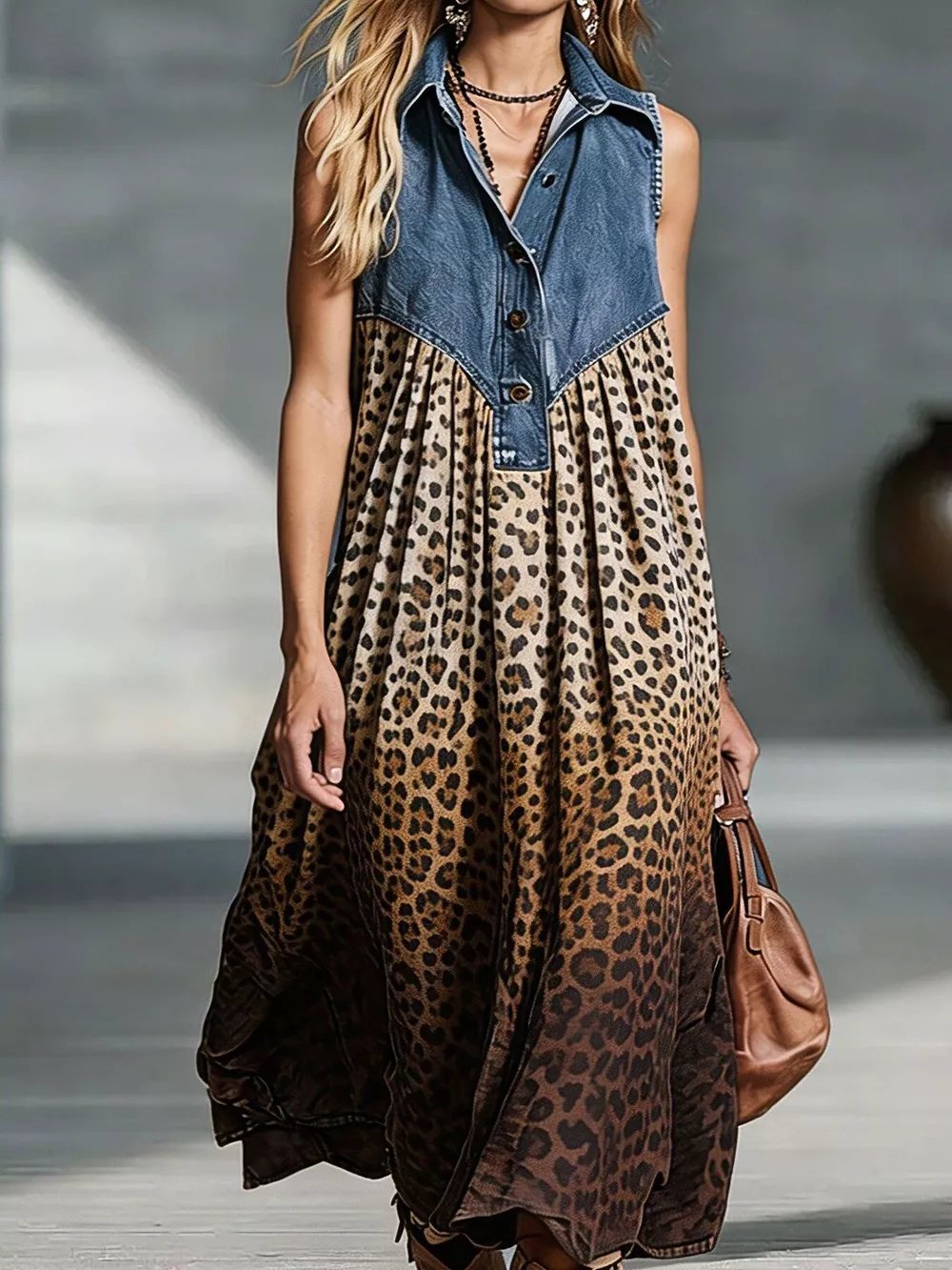 Sleeveless Denim Patchwork Midi Dress, image 6
