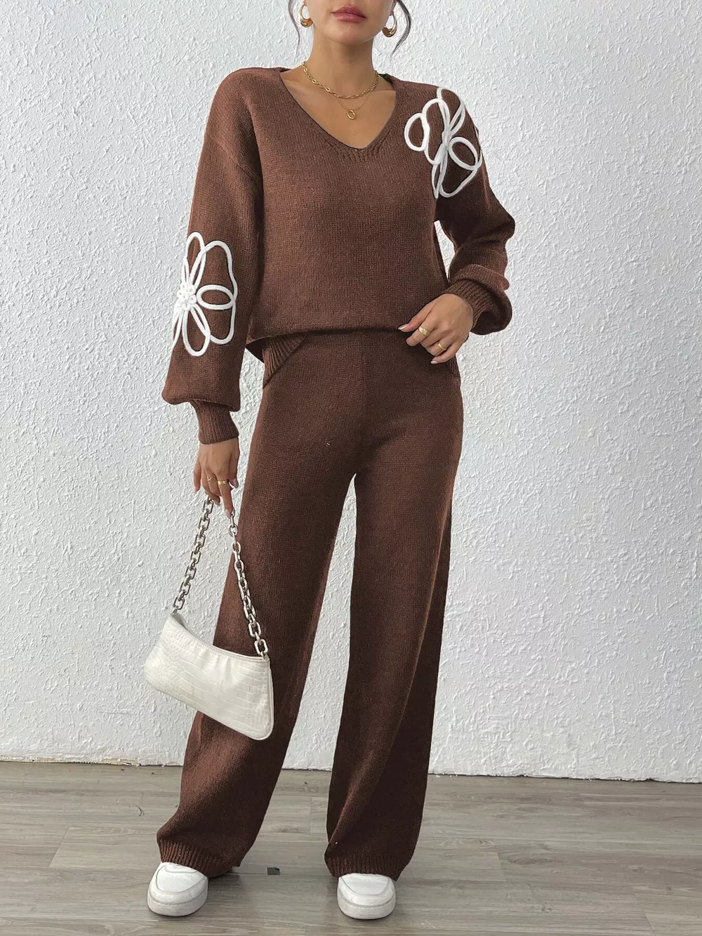 V-Neck Dropped Shoulder Top and Pants Sweater Set, image 10