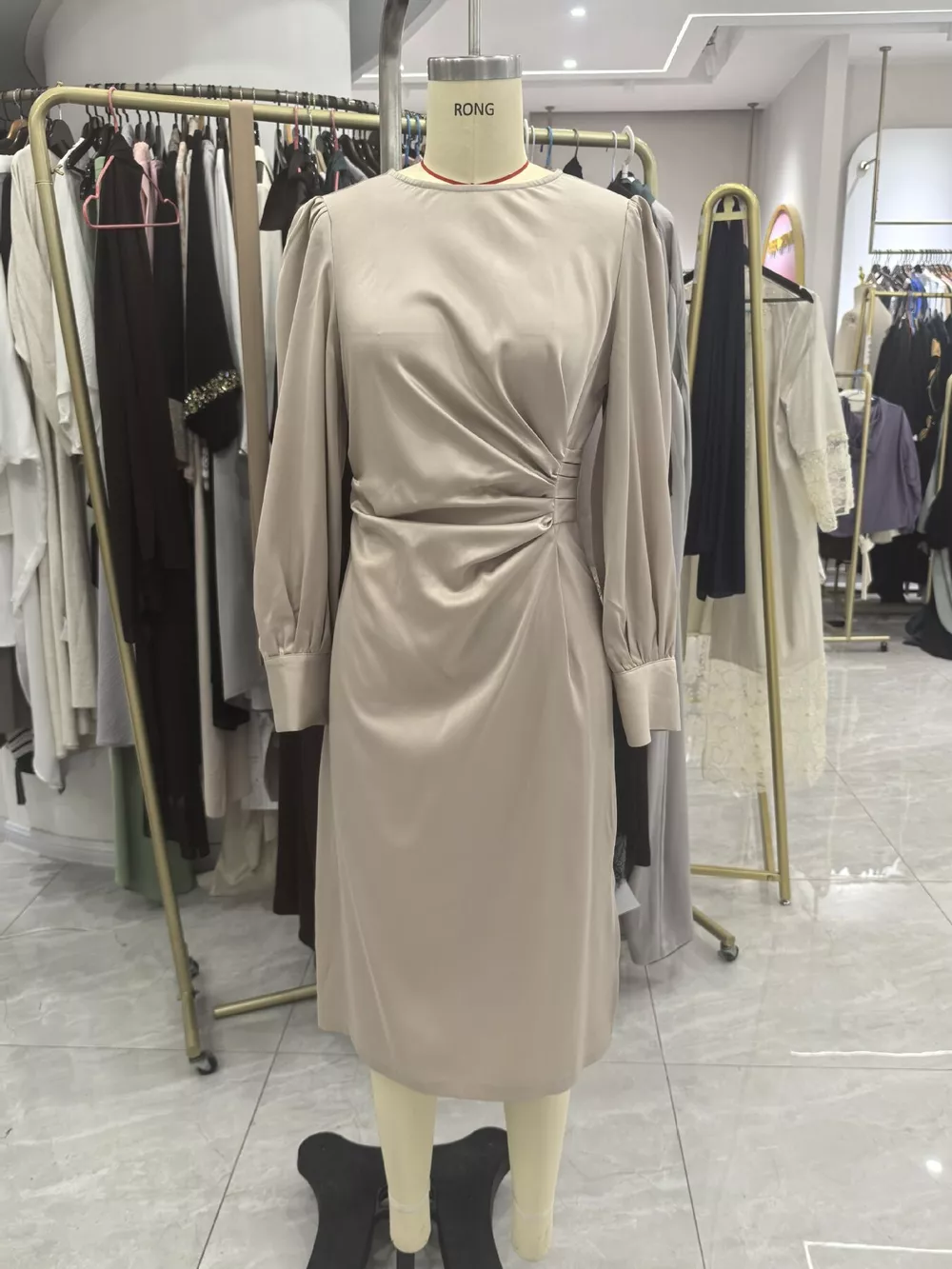 Long Sleeve Satin Ruched Midi Dress, image 5