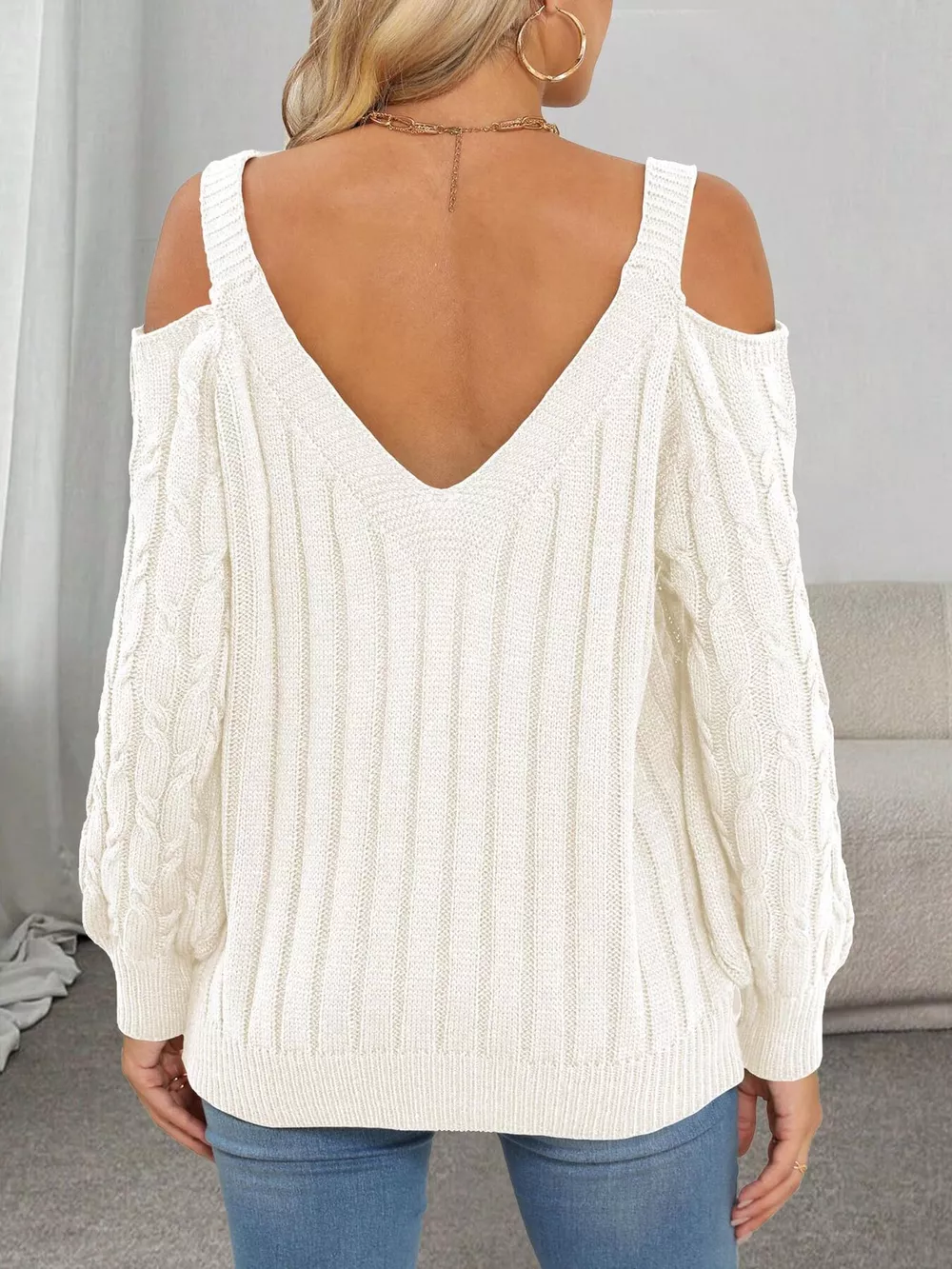Floral Applique Cold Shoulder Cable Knit Sweater, image 16