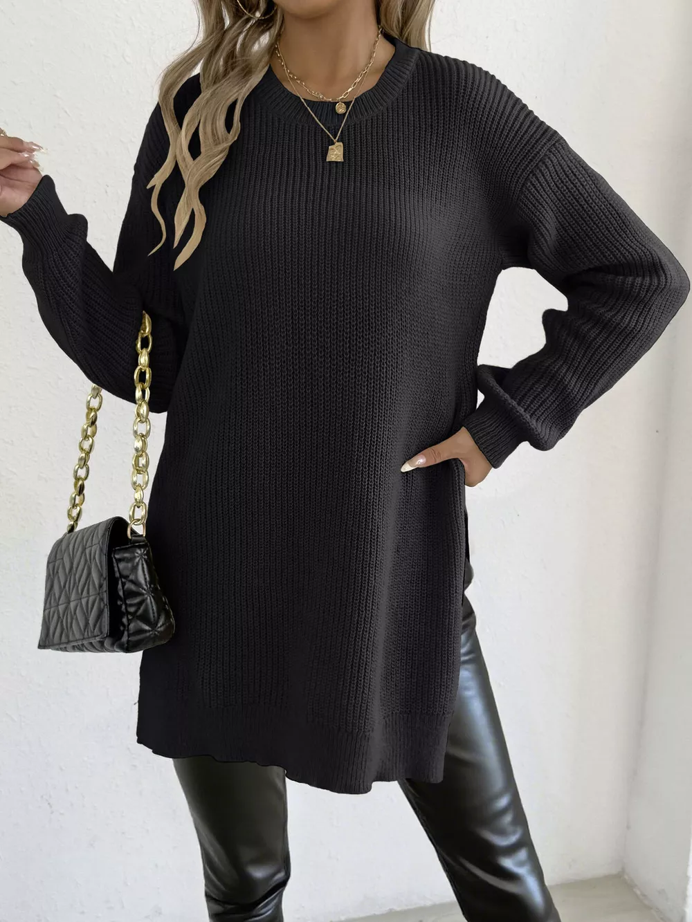 Side-Slit Dropped Shoulder Sweater, image 9