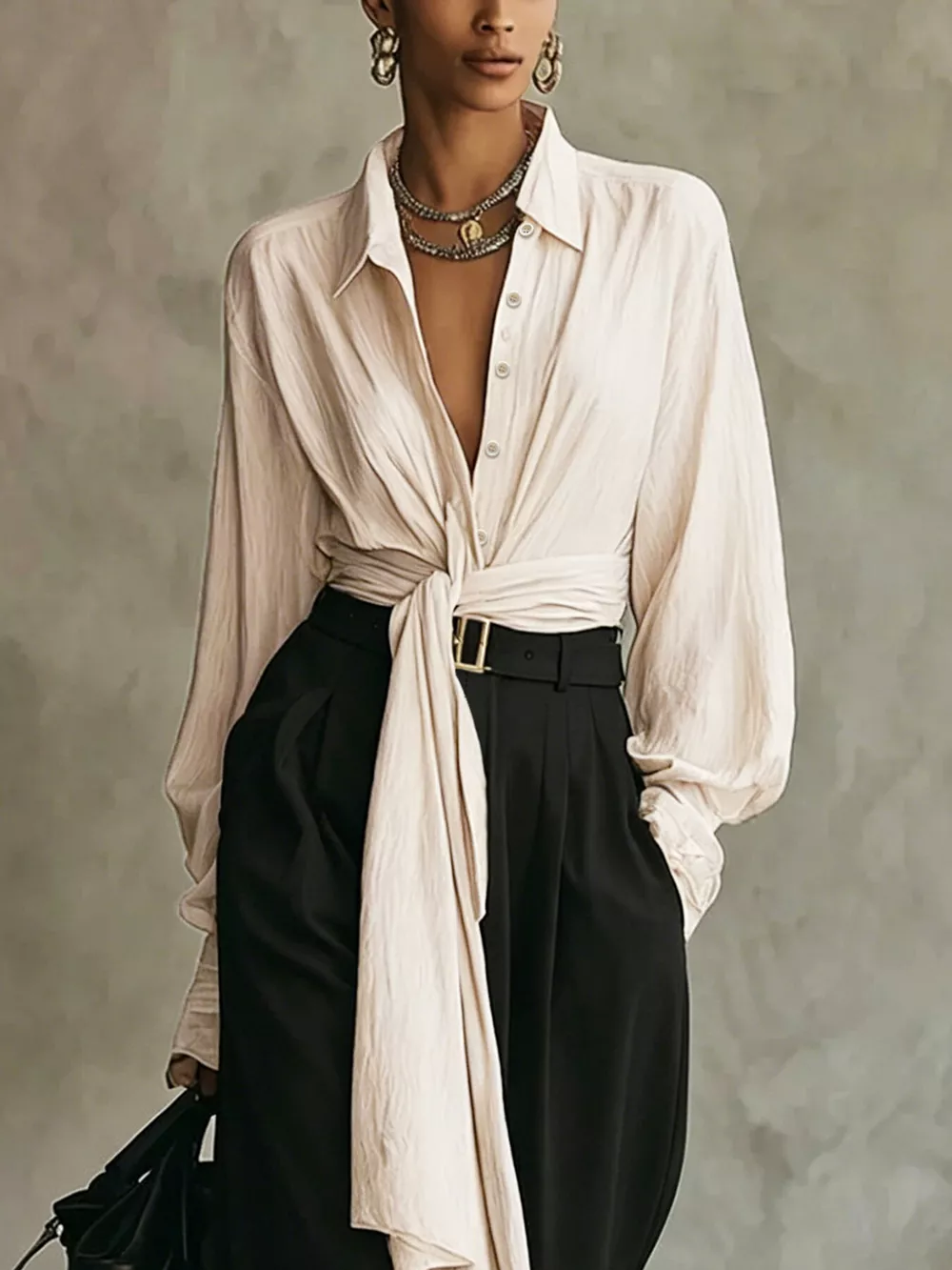Tie-Front Shirt and Wide-Leg Pants Set, image 2