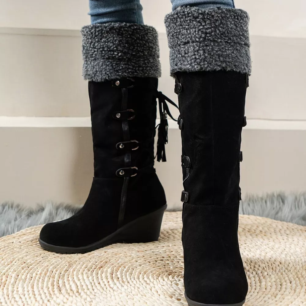 Faux Fur Lined Suede Wedge Boots with Lace-Up Detail, image 6