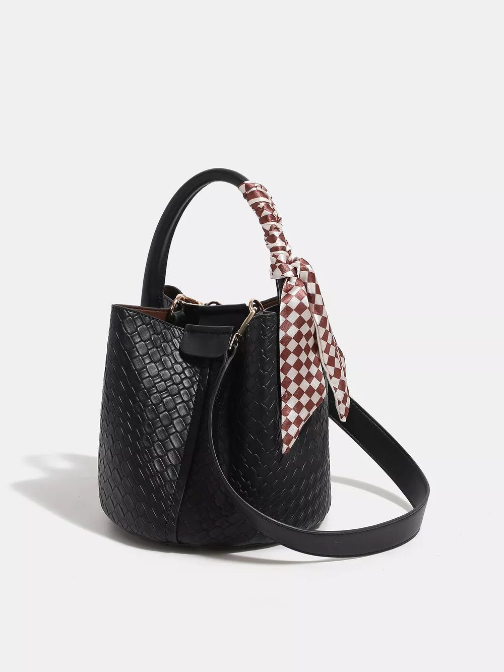 Woven Texture Bucket Handbag with Decorative Scarf, image 4