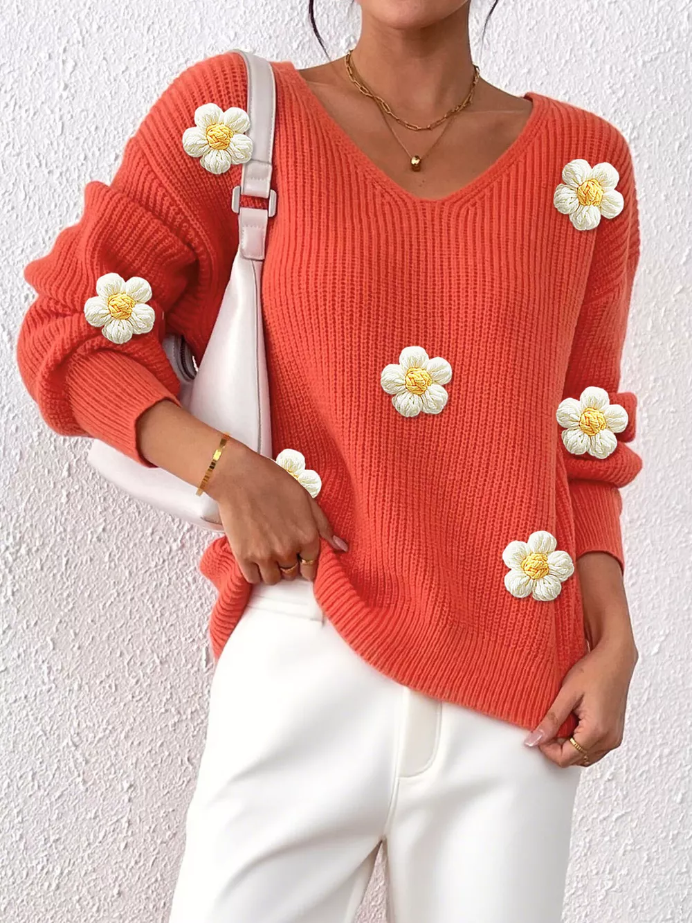 Floral Applique V-Neck Sweater, image 5