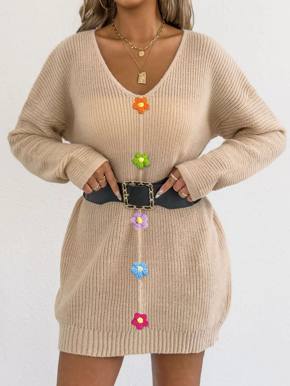 V-Neck Ribbed Sweater Dress with Floral Appliques, image 4