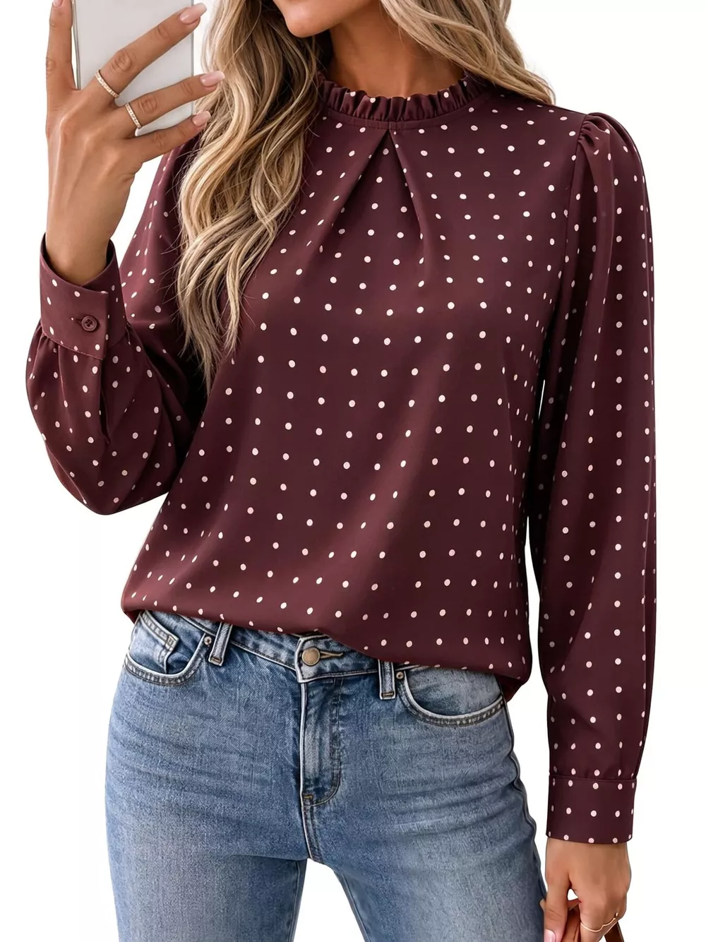 Elegant Polka Dot Print Mock Neck Long Sleeve Blouse, image 10