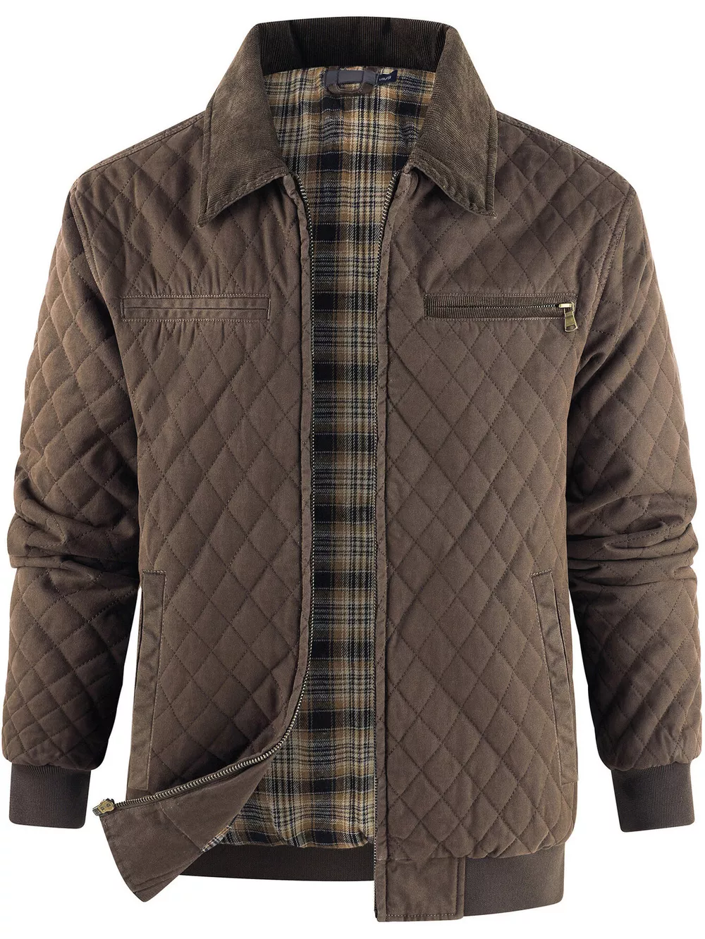 Men's Quilted Collared Neck Jacket with Plaid Lining, image 3