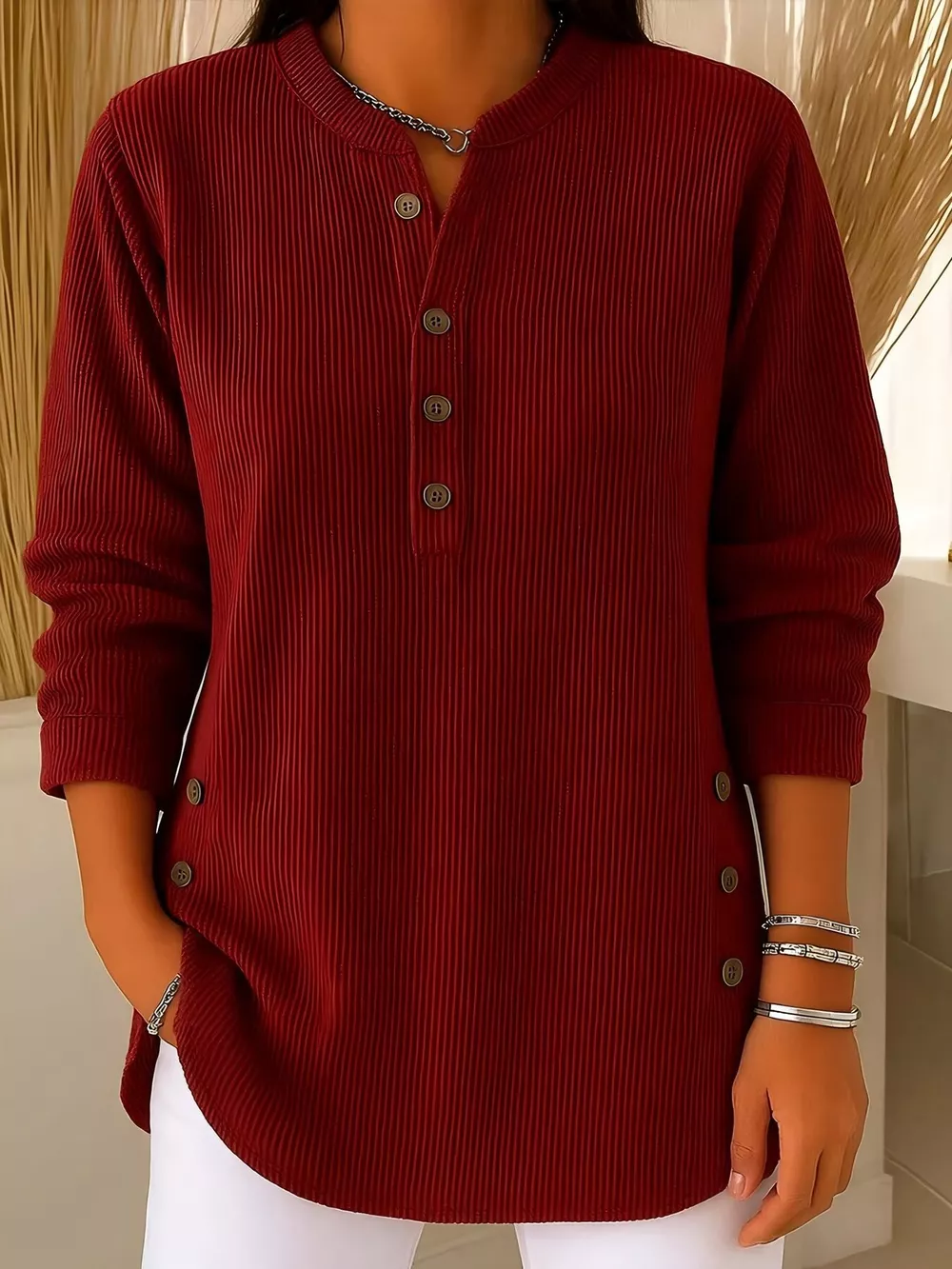 Full Size Ribbed Half Button Henley Top Plus Size, image 2