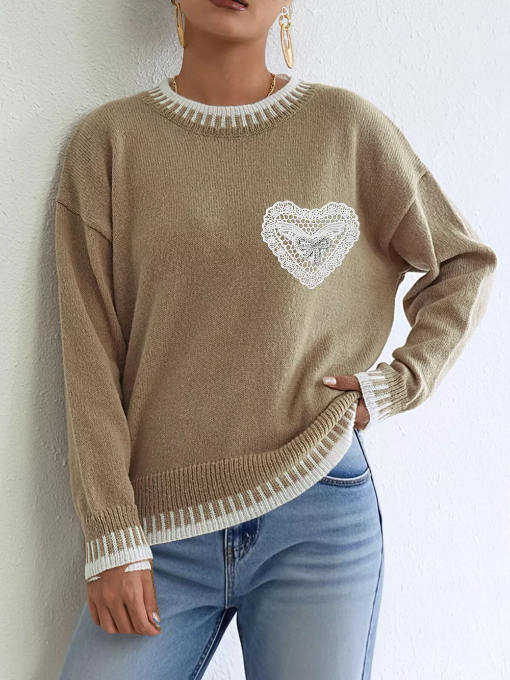 Lace Heart Contrast Trim Sweater, image 6