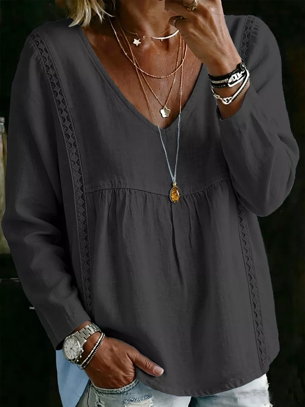 Full Size V-Neck Lace Trimmed Long Sleeve Blouse Plus Size, image 6