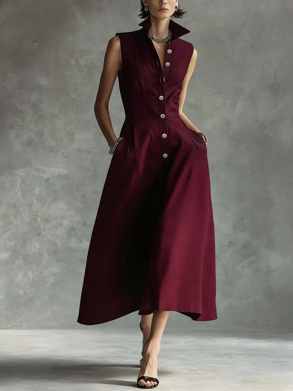 Sleeveless Button-Down Midi Shirt Dress, image 12