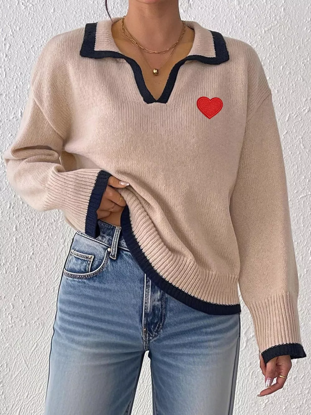 Contrast Trim Heart Embroidered Polo Collar Sweater, image 4
