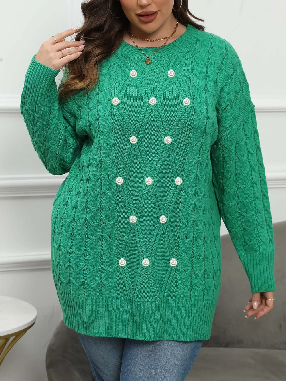 Plus Size Cable Knit Dropped Shoulder Sweater, image 11