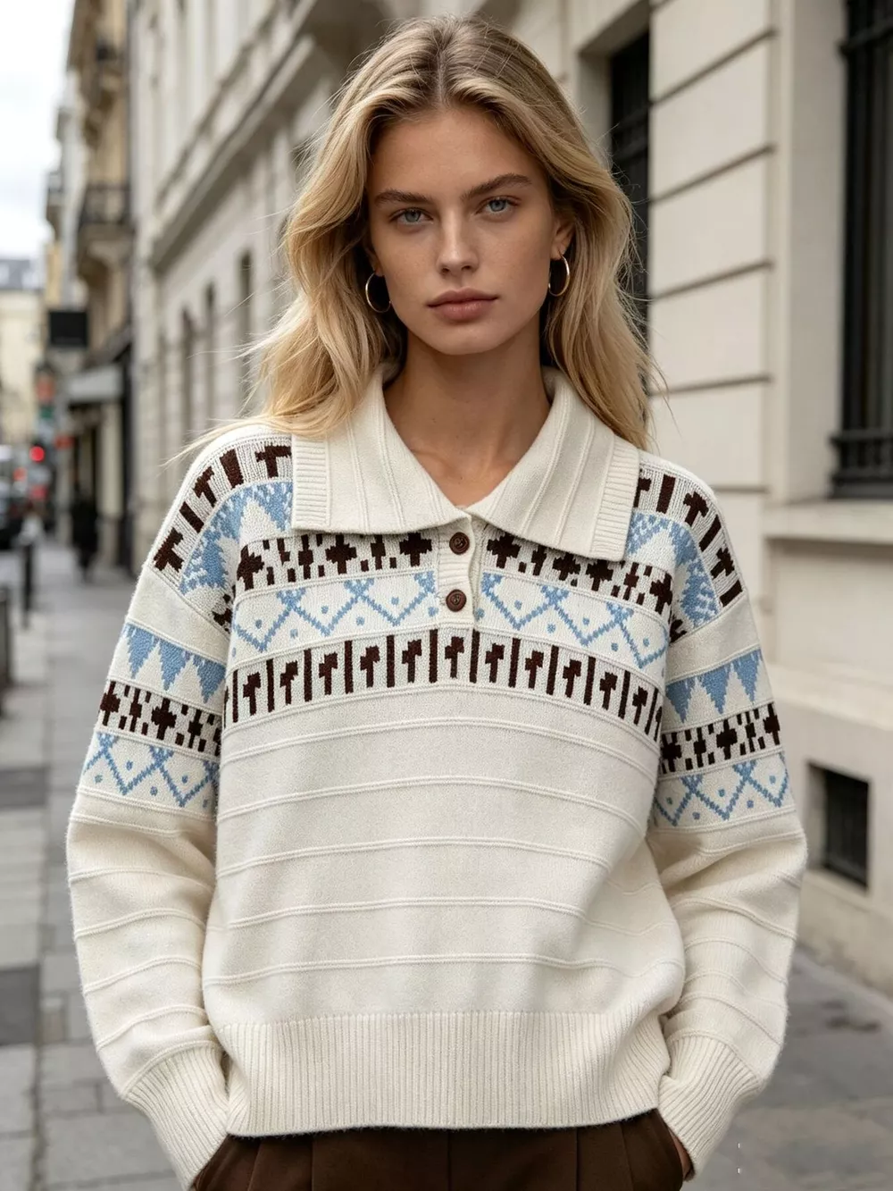 Vintage-Inspired Fair Isle Patterned Polo Sweater