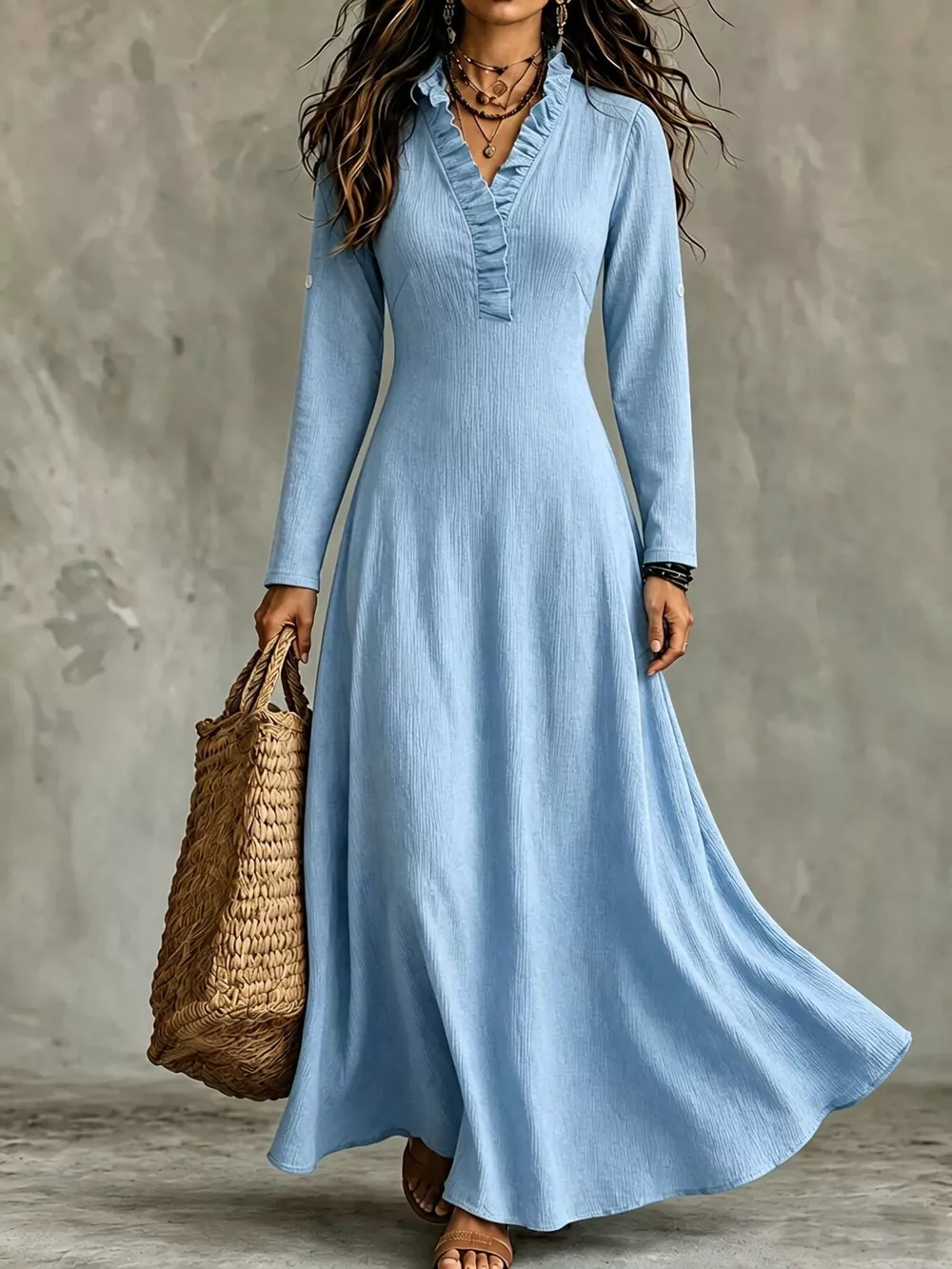 Full Size V-Neck Maxi Dress with Roll-Up Sleeves Plus Size, image 10