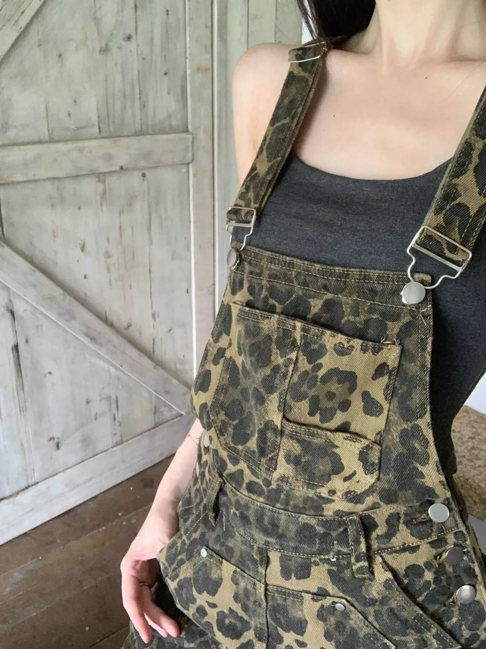 Leopard Print Denim Overall Dress, image 3
