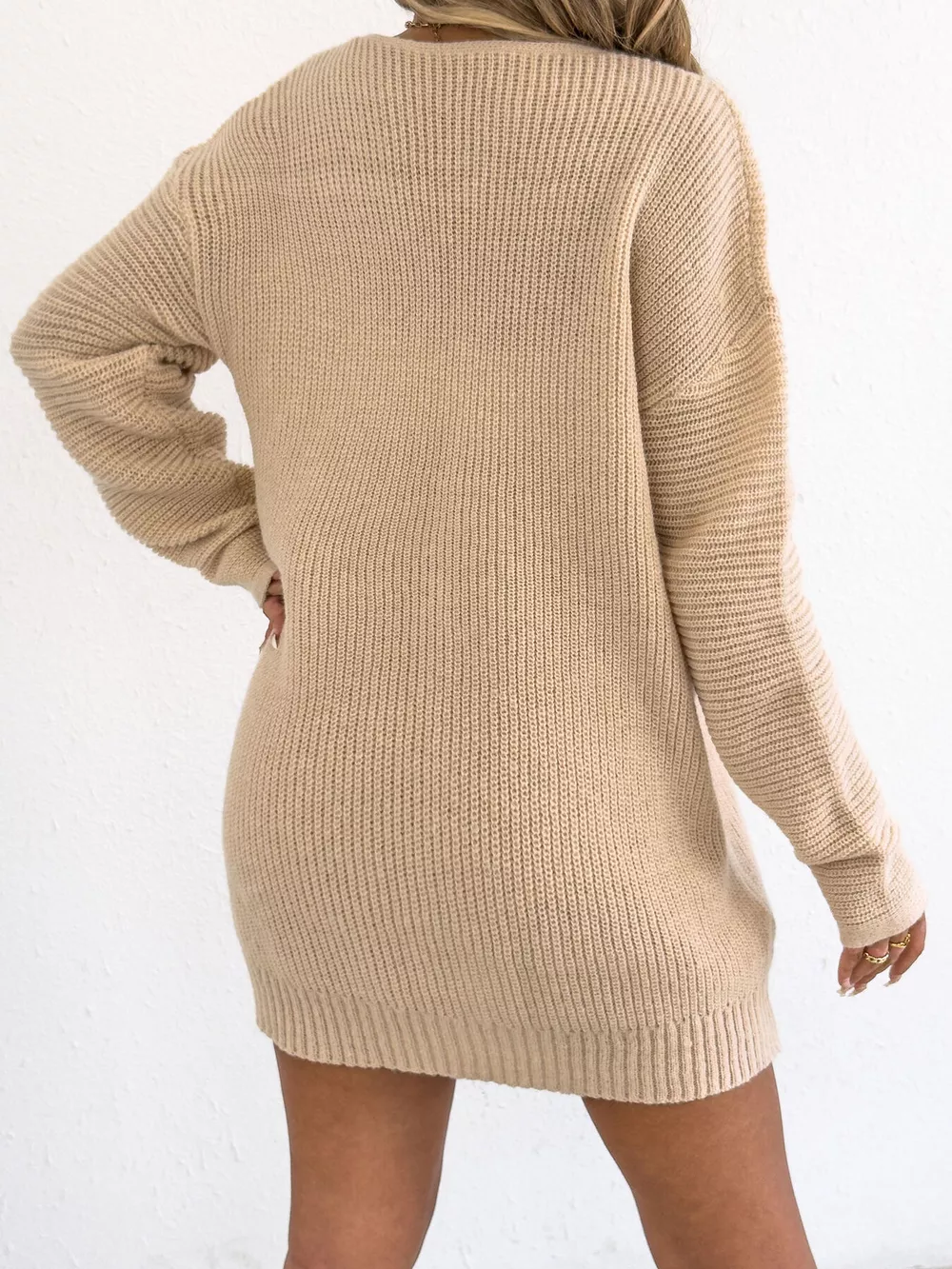 V-Neck Ribbed Sweater Dress with Floral Appliques, image 6