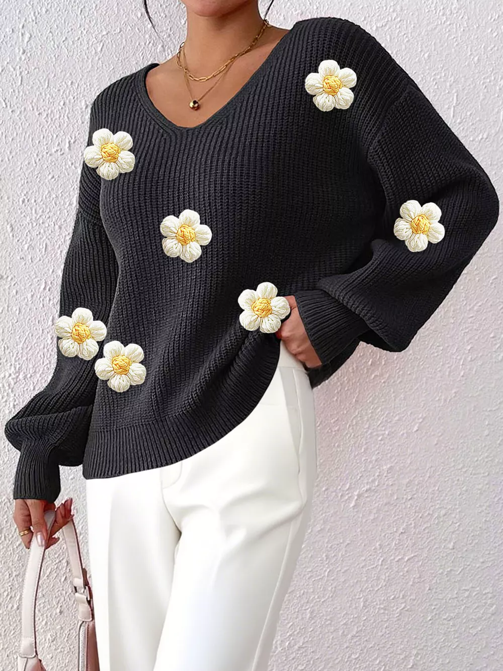 Floral Applique V-Neck Sweater, image 10