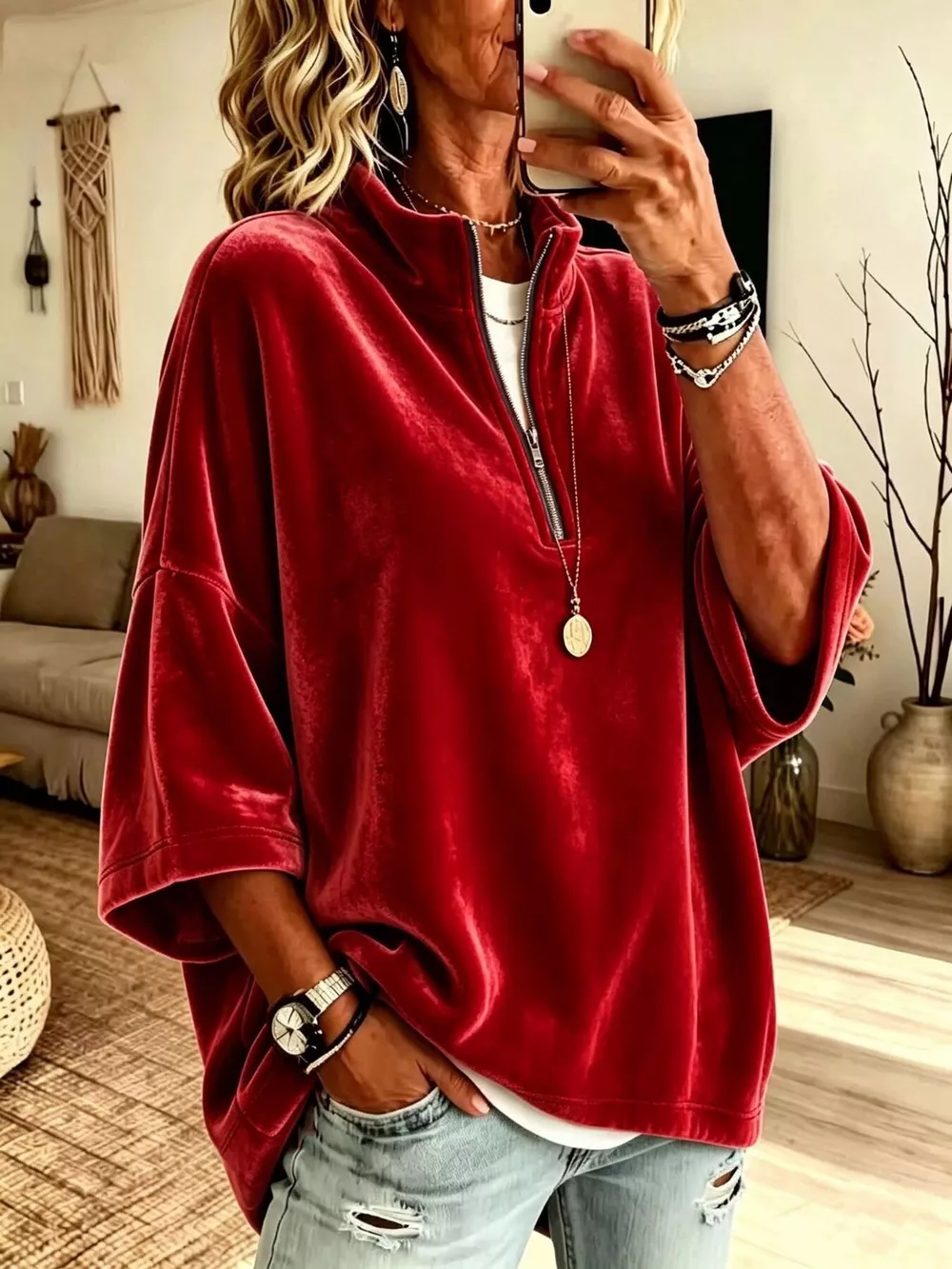 Full Size Velvet Quarter-Zip Sweatshirt Plus Size, image 16