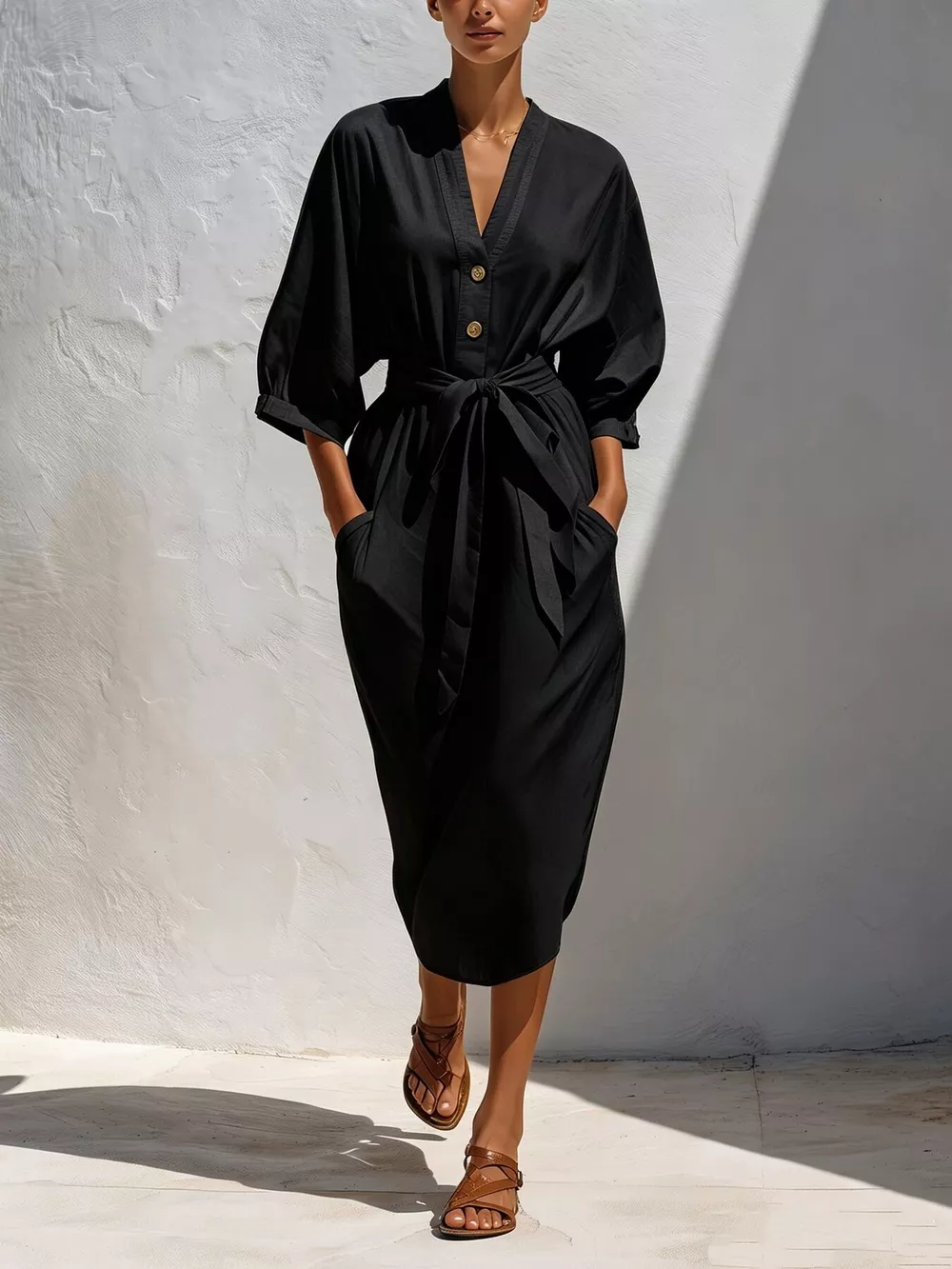 Full Size Tie Waist V-Neck Midi Dress Plus Size, image 5