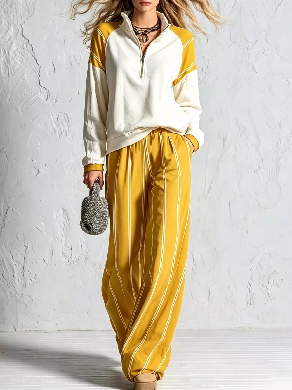Quarter-Zip Sweatshirt and Striped Wide-Leg Pants Set, image 5