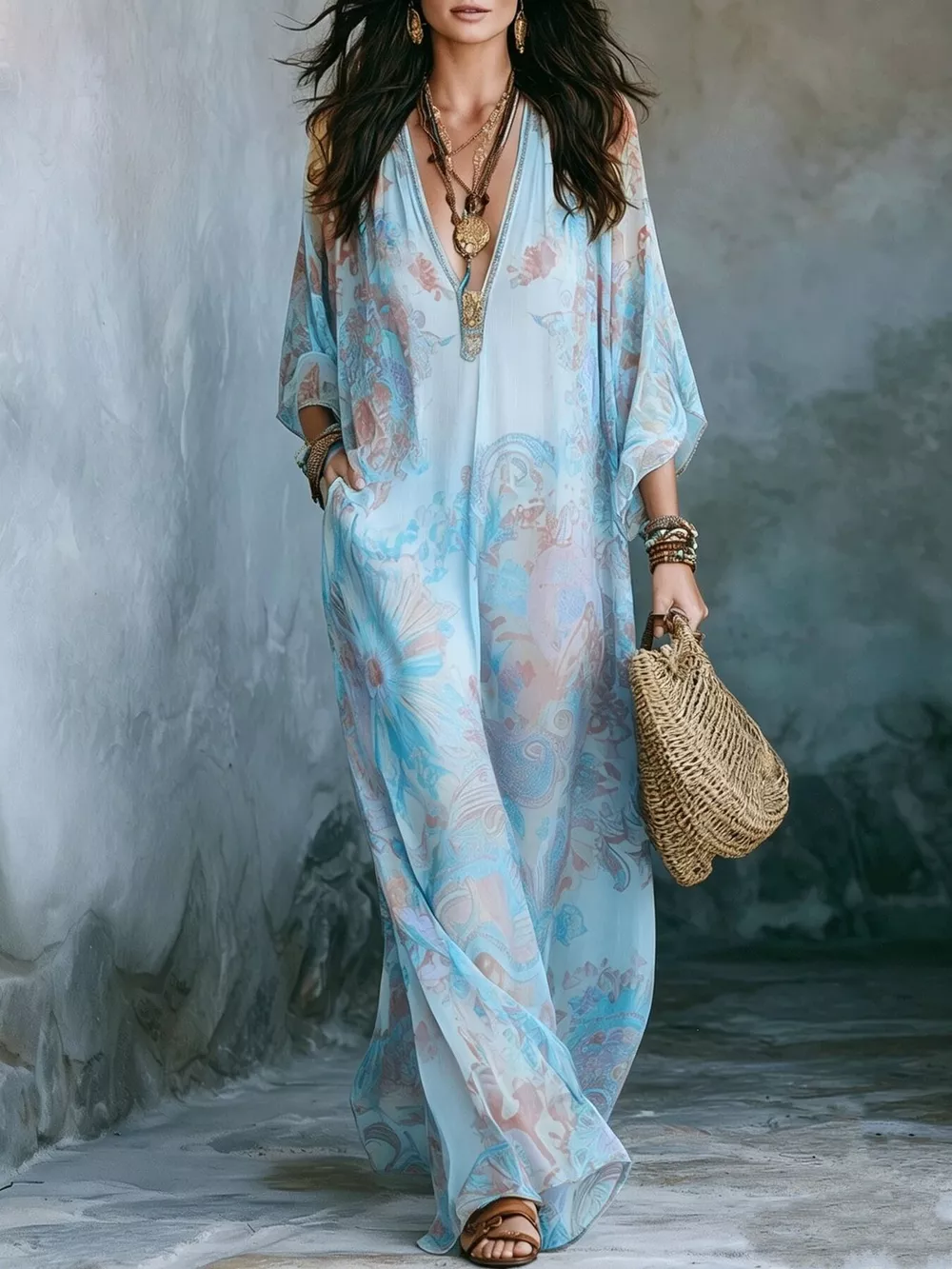 Full Size Floral Print V-Neck Maxi Dress Plus Size, image 8