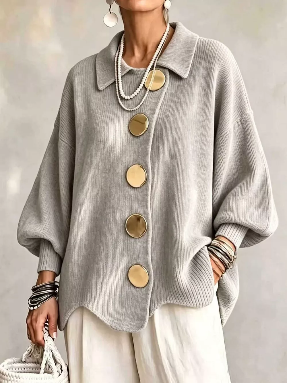Full Size Ribbed Knit Gold Buttons Cardigan Plus Size, image 28