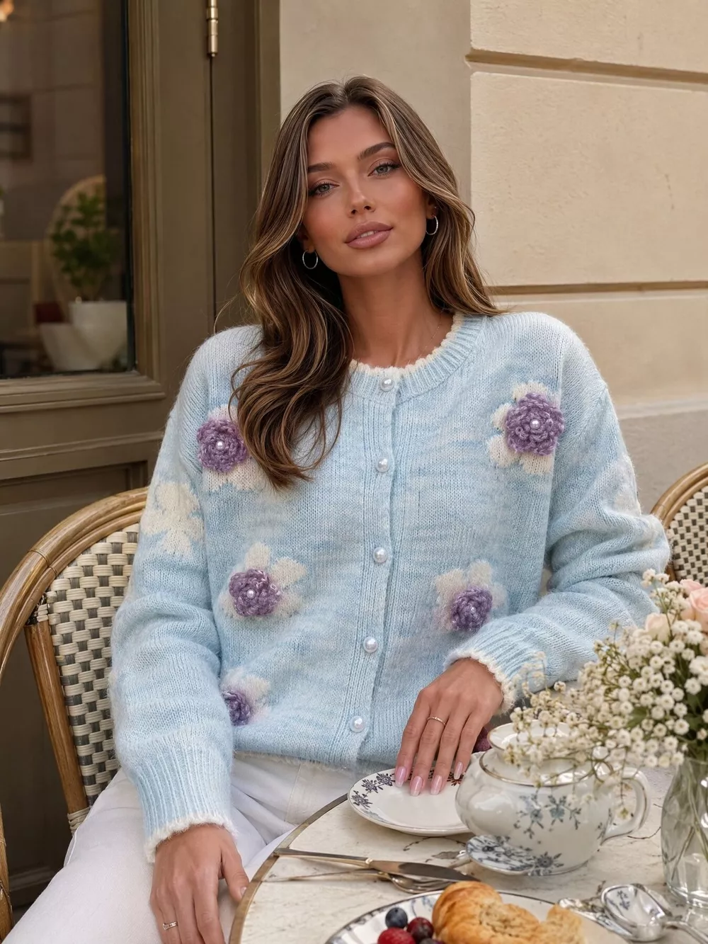 Floral Applique Button-Down Knit Cardigan, image 9
