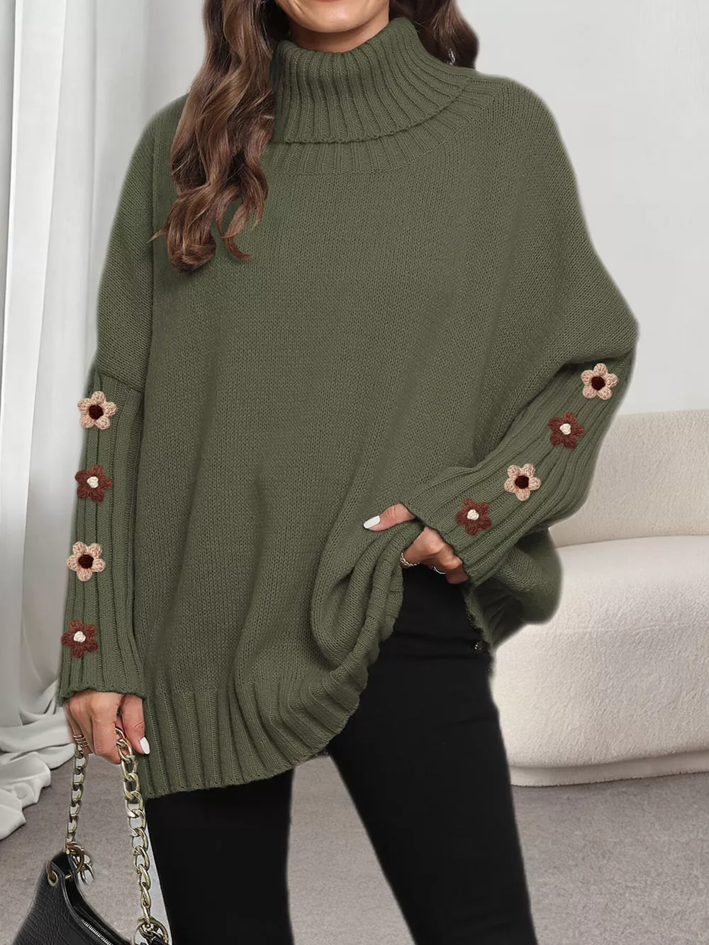 Oversized Turtleneck Sweater with Floral Applique Sleeves, image 18