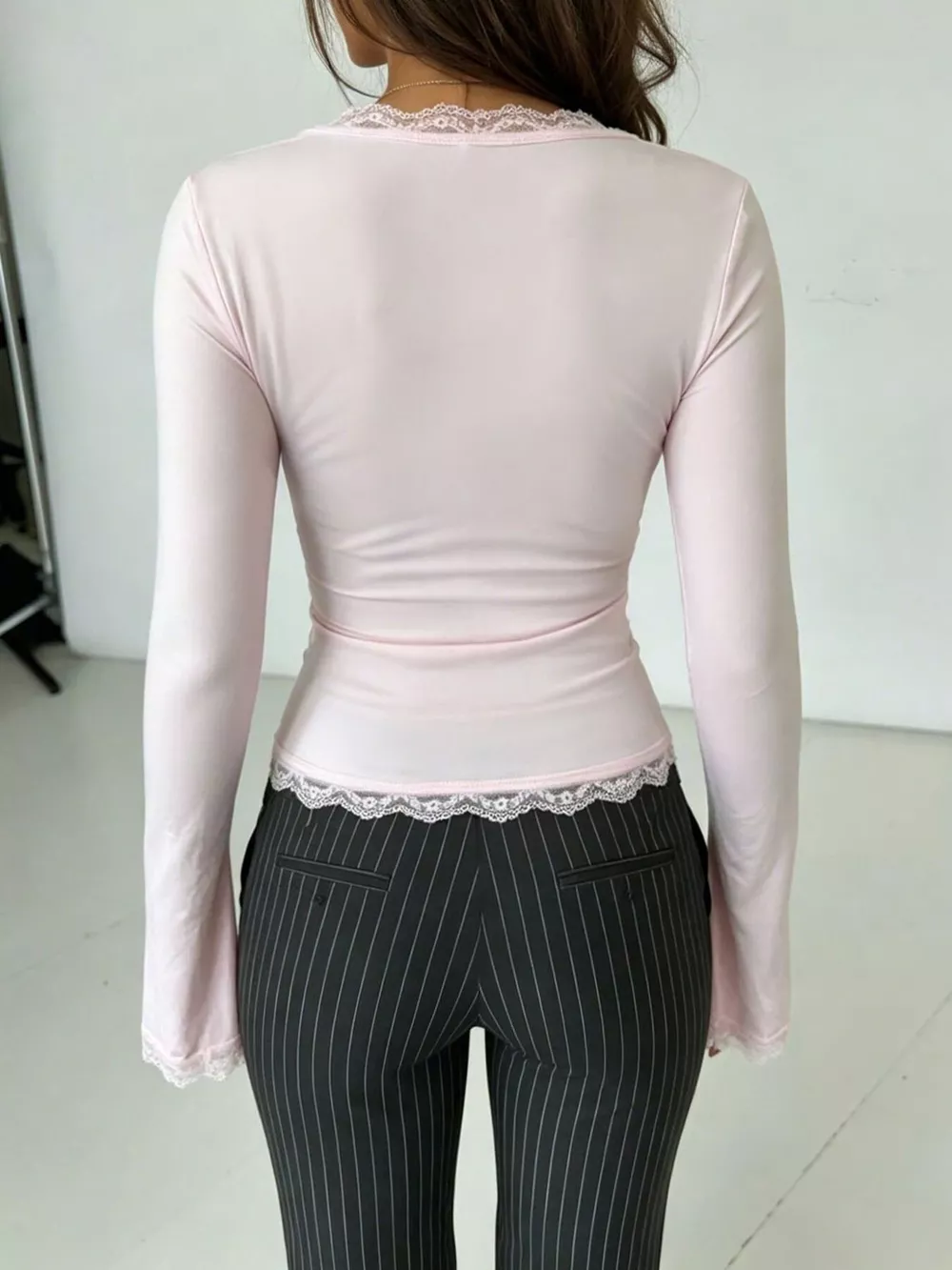 Lace-Trimmed V-Neck Long Sleeve T-Shirt, image 5