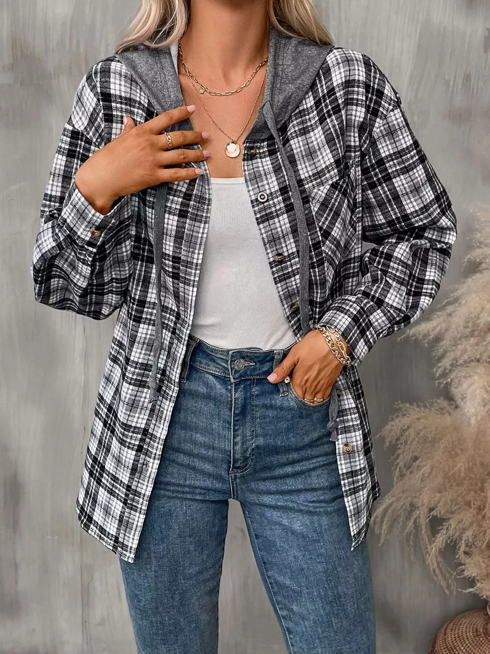 Hooded Plaid Button-Up Shirt, image 2