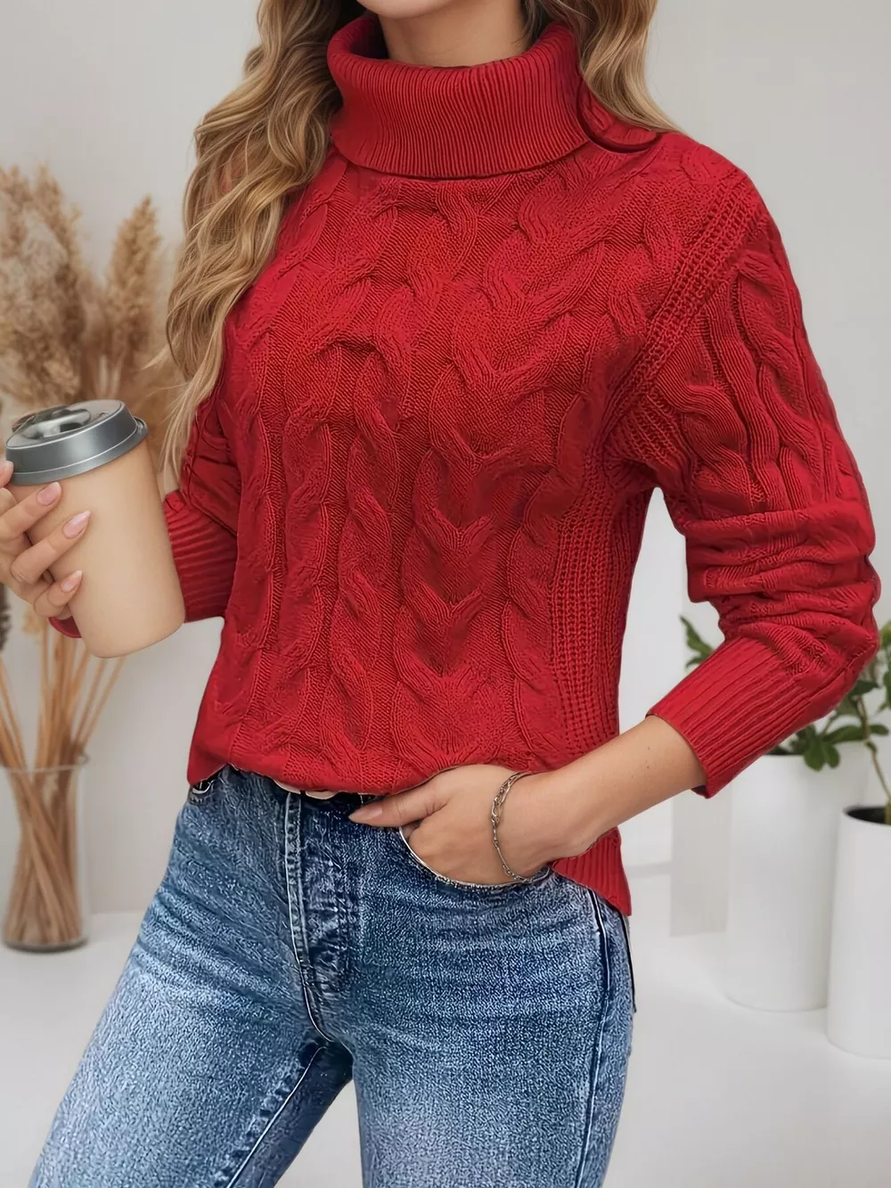 Cable Knit Turtleneck Long Sleeve Sweater, image 24