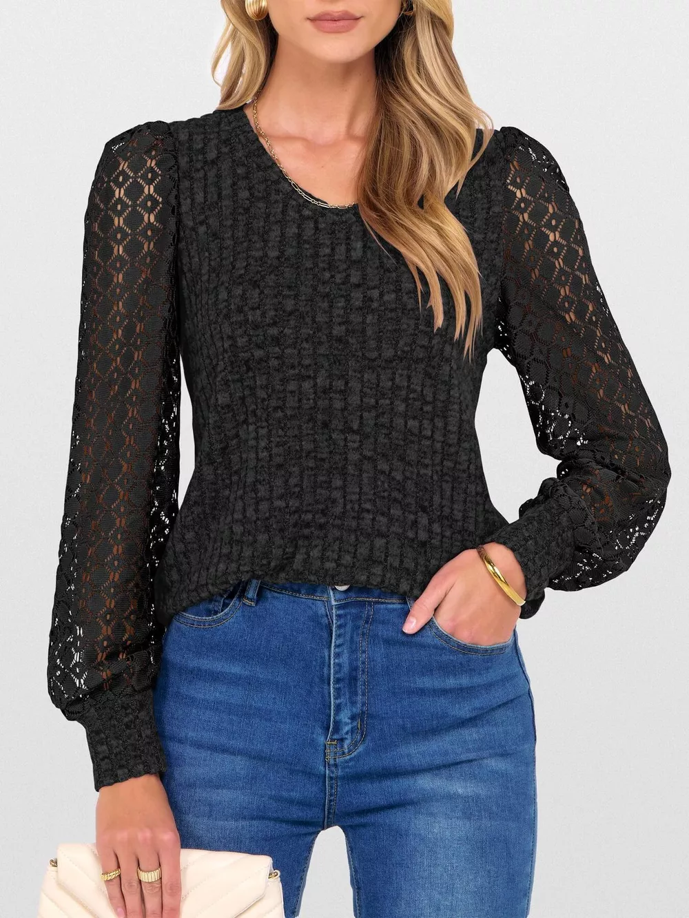 Lace Sleeve V-Neck T-Shirt, image 14