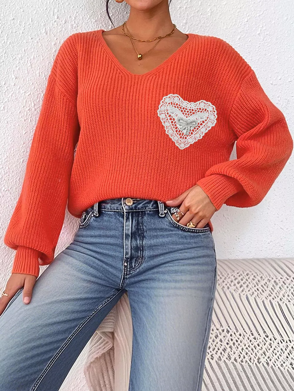 Lace Heart Dropped Shoulder Sweater, image 4