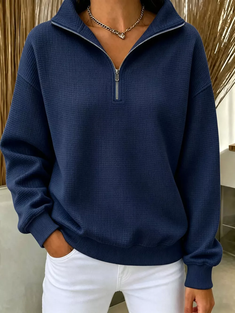 Full Size Waffle Knit Quarter-Zip Sweatshirt Plus Size, image 2