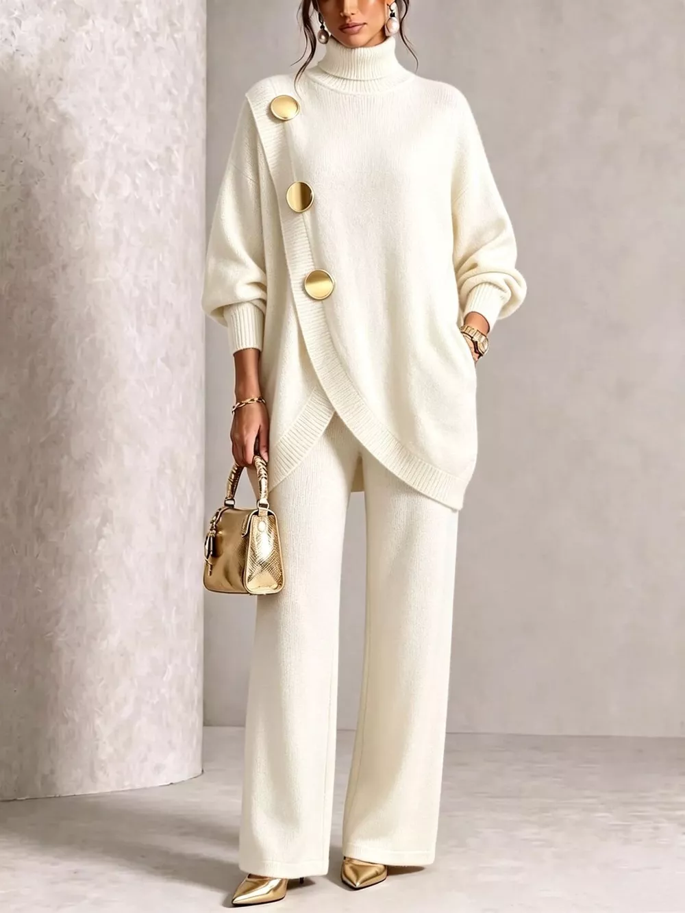 Full Size Elegant Turtleneck Asymmetric Button-Decorated Sweater and Pants Set Plus Size, image 5