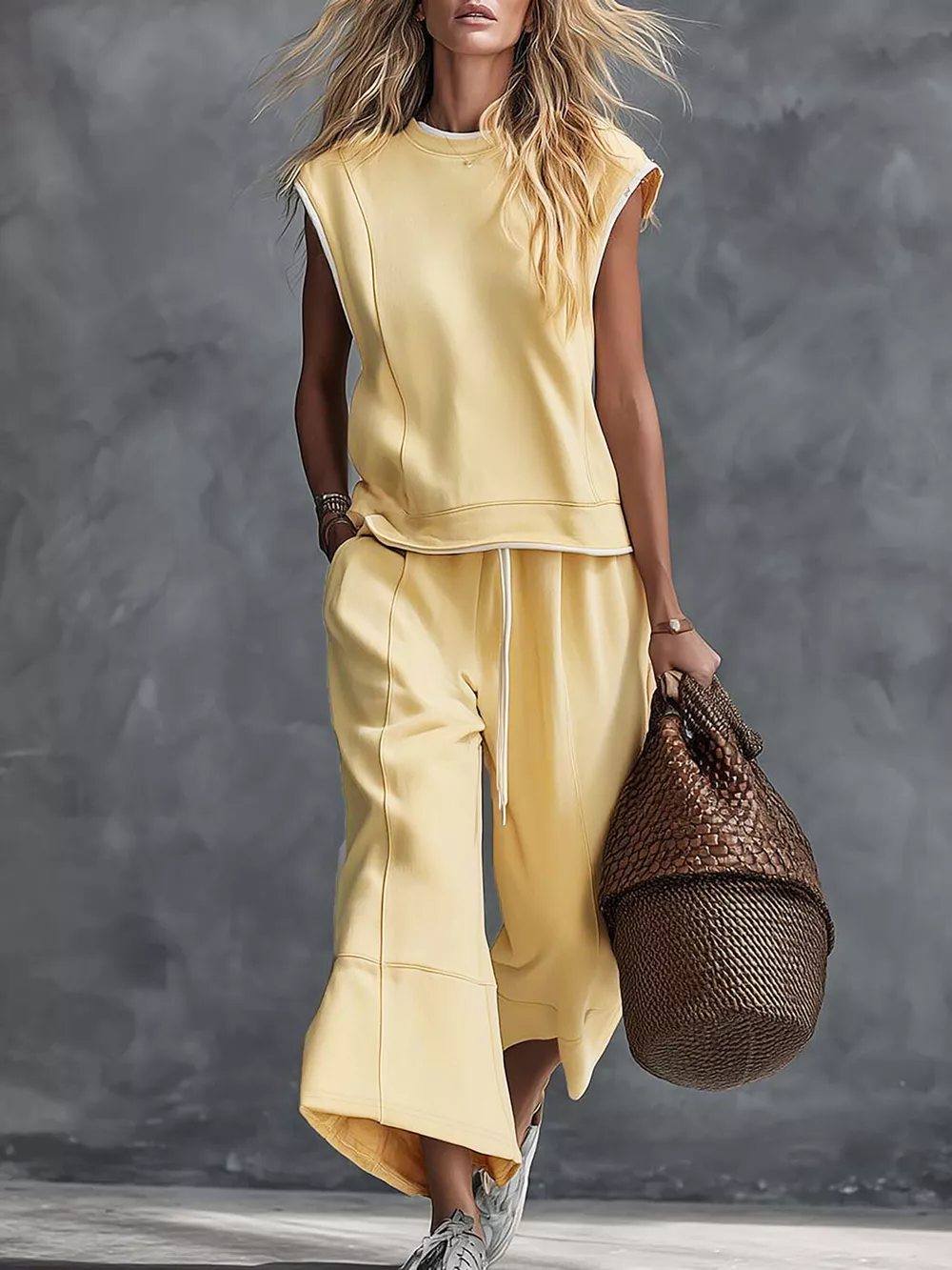Sleeveless Crew Neck Top and Wide-Leg Cropped Pants Set
