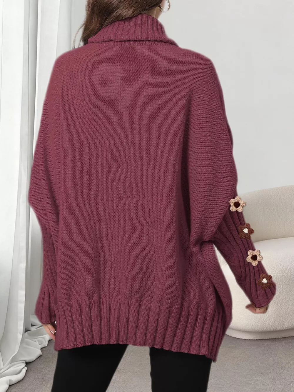Oversized Turtleneck Sweater with Floral Applique Sleeves, image 17