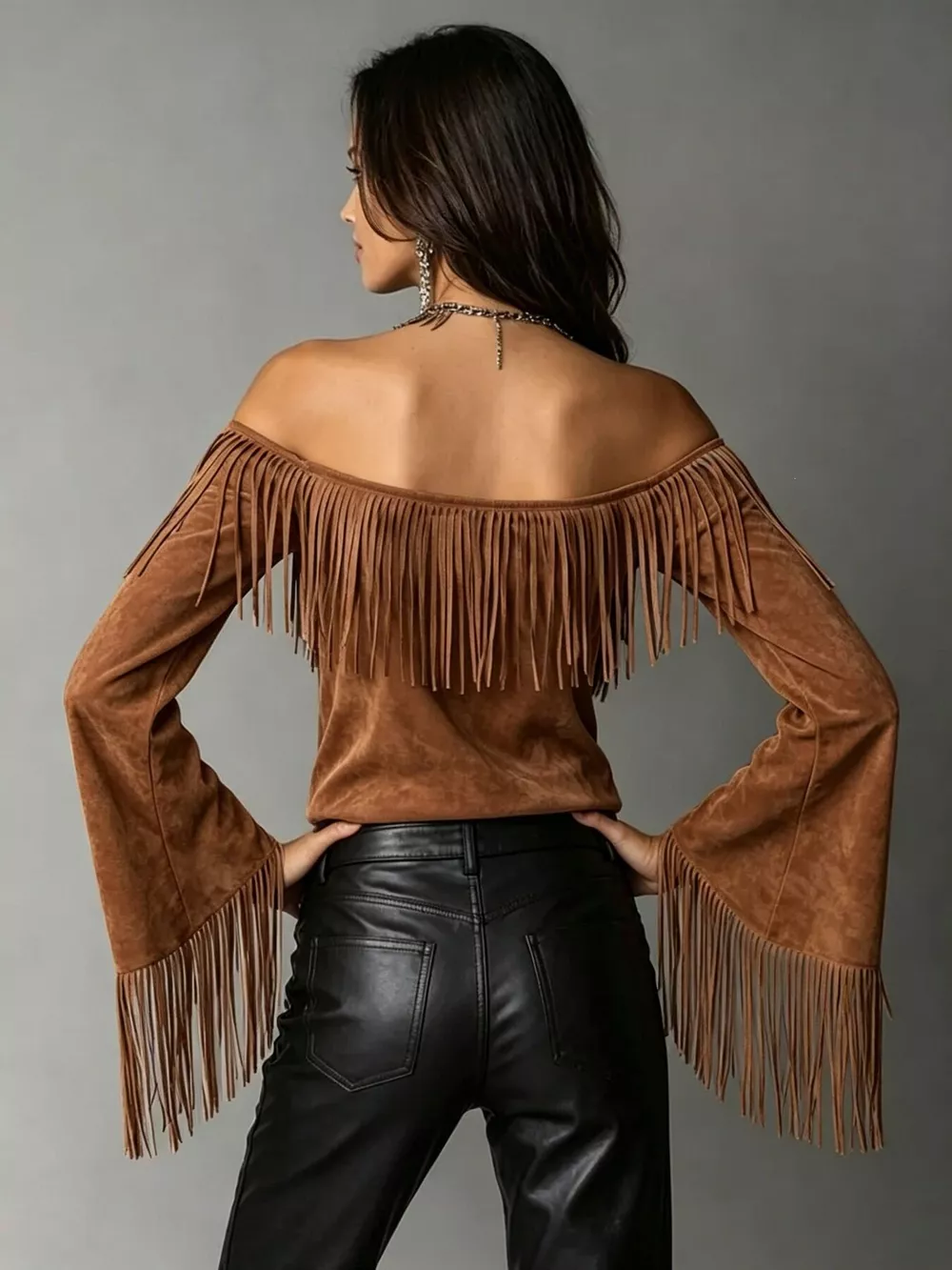 Boho Chic Off-Shoulder Fringed Suede Top, image 5