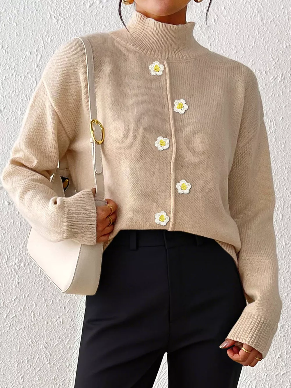 Floral Applique Turtleneck Sweater, image 3