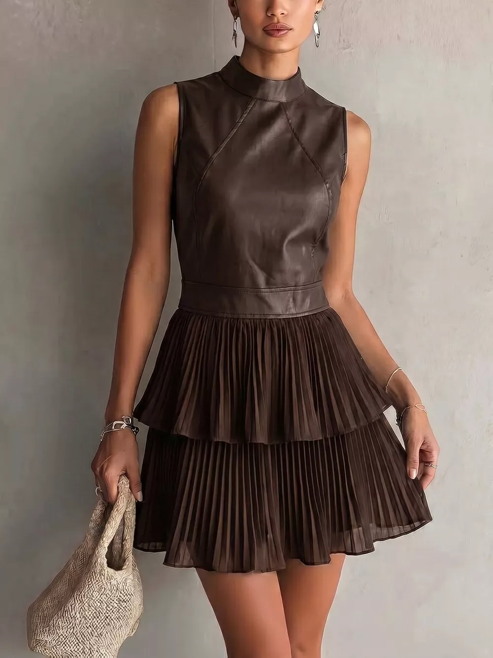 Sleeveless Faux Leather Layered Pleated Mini Dress, image 7