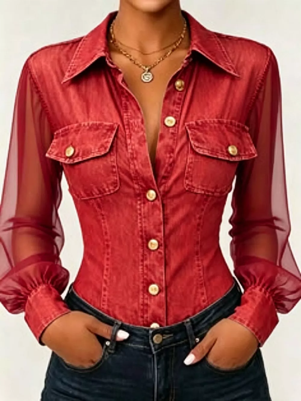 Full Size Slim-Fit Sheer Mesh Long Sleeves Shirt Plus Size, image 7
