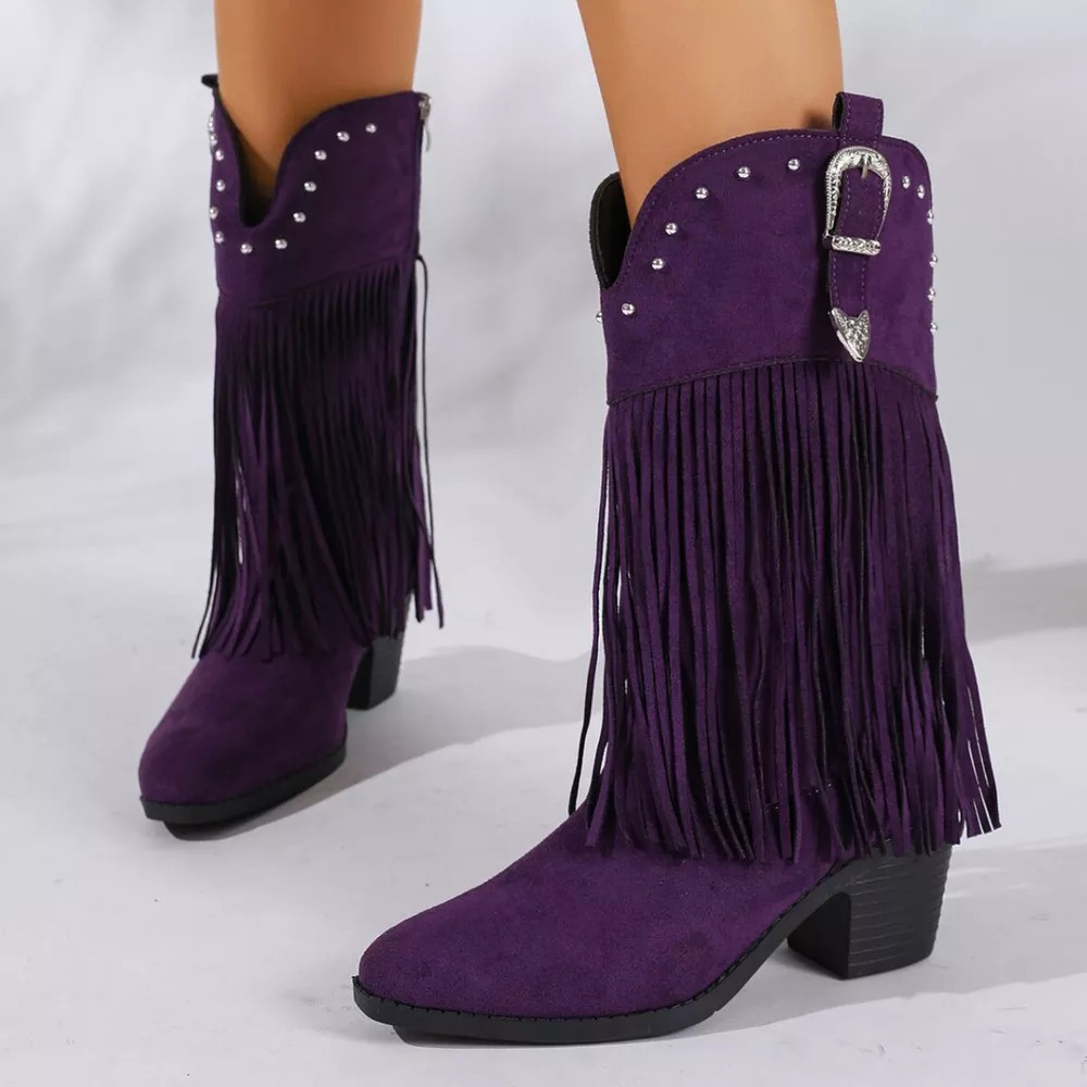 Fringe Round Toe Block Heels Boots, image 4